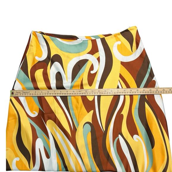 NWT Bar III Skirt Sz 12 Retro Satin Swirl Midi Skirt Yellow Brown Teal Abstract - Picture 7 of 9